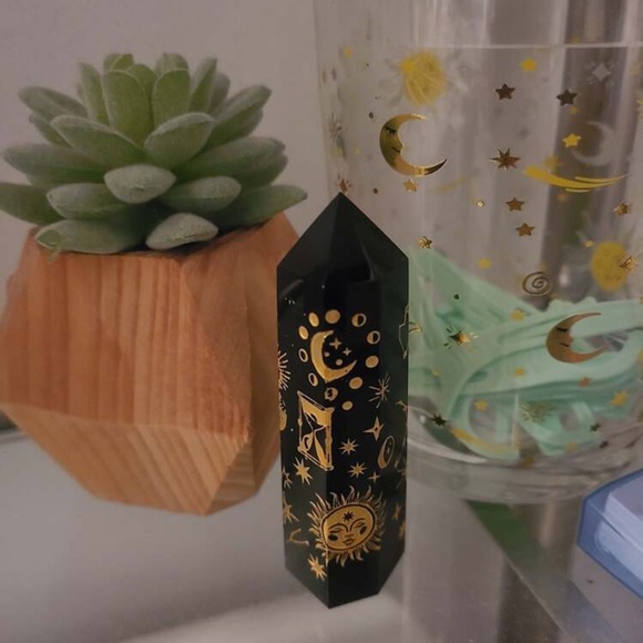 New Natural Obsidian Carved Artisan Sun 24k Gold Tower Point Crystal Decoration - Picture 10 of 16